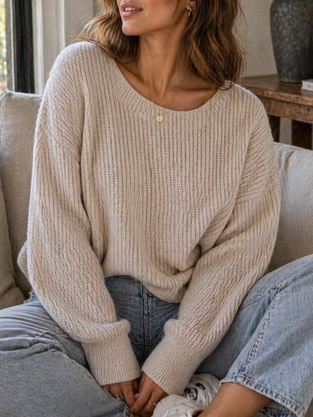 Women’s Cream Waffle-Knit Crewneck Oversized Sweater